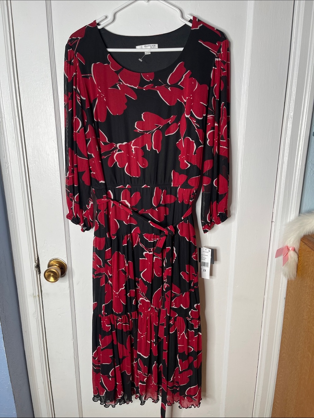 Studio One Dress 2X Black Red Floral Tiered 3/4 Sleeves Stretch Dressy Party New